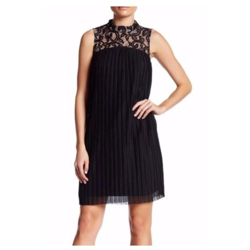 London Times Nude Lace Top Pleated Chiffon‎ Sheath Black Dress Size 8